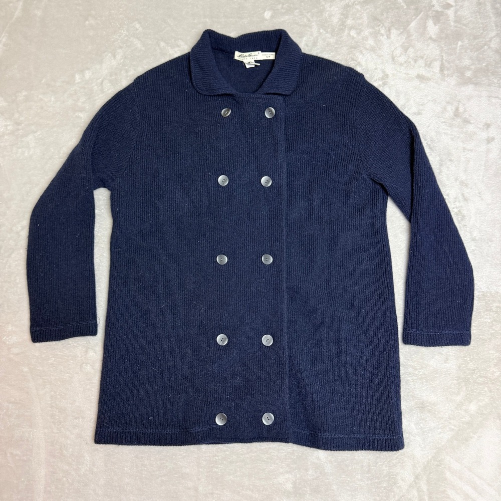 Eddie Bauer Cardigan Lambswool Sweater Womens S / P Navy Double Breasted Ribbed